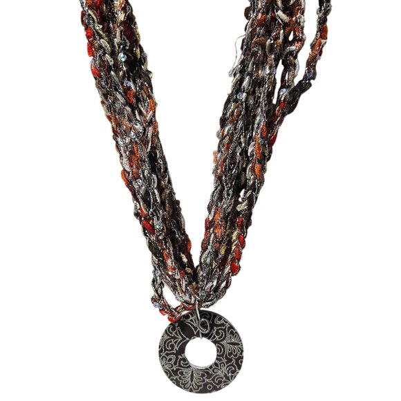 Boho Chunky Seed Beaded Necklace Engraved Donut Pendant Multi Strand Jewelry - Picture 1 of 7